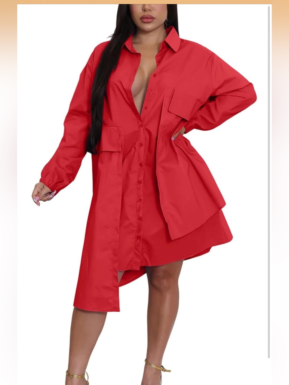 NWT-Med Ekaliy Collar V Neck Button Down Shirt Puff Long Sleeve Loose Midi Dress